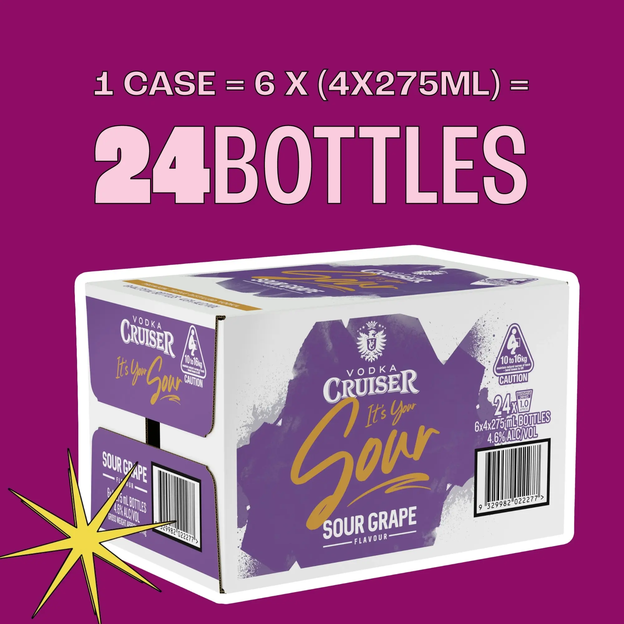 Vodka Cruiser Sour Grape, Refreshing Flavoured Pre-Mixed Vodka Drink, 4.6% ABV, 275mL (Case of 24 Bottles)