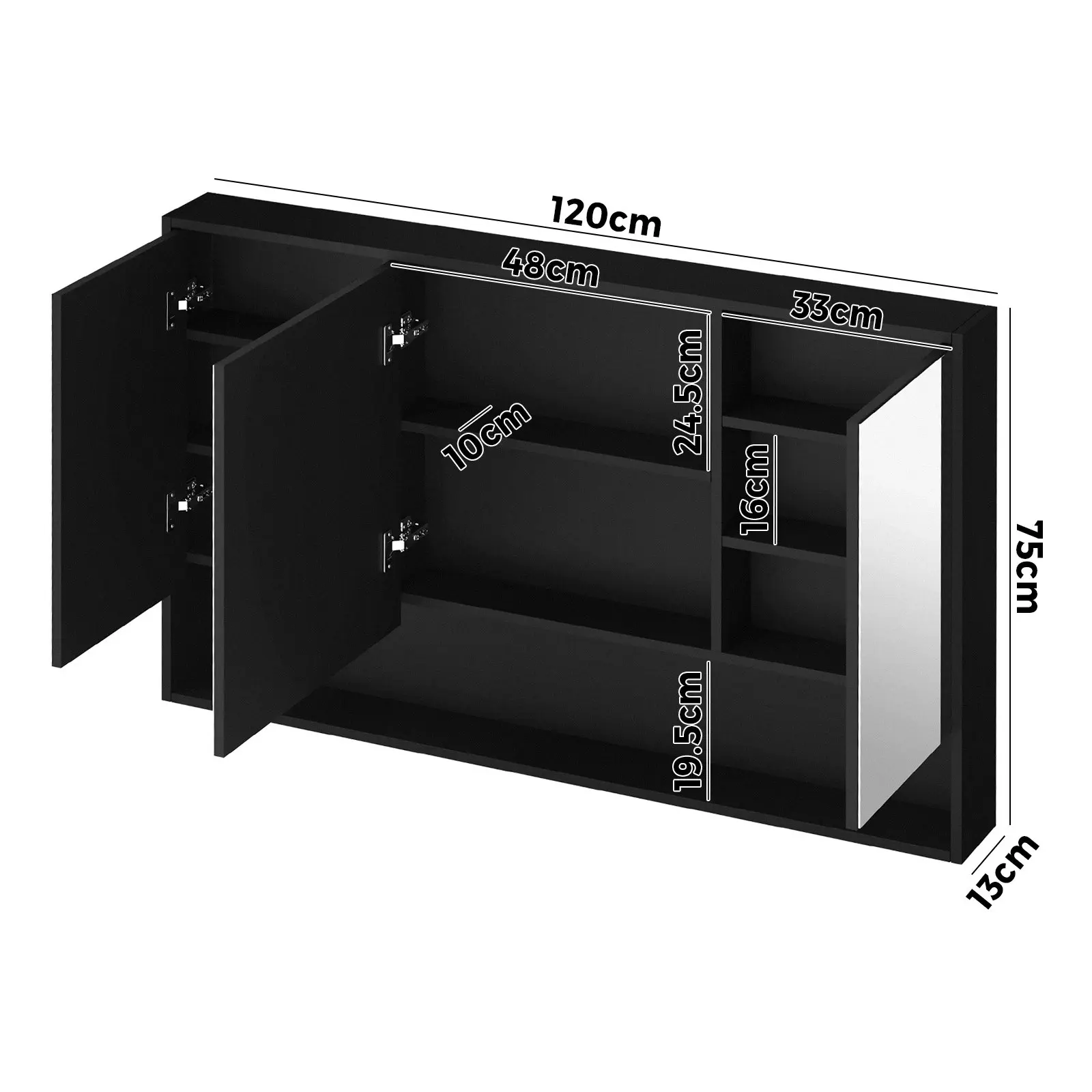 Welba Bathroom Mirror Cabinet LED Medicine Shaving Wall Storage 1200x750mm Black