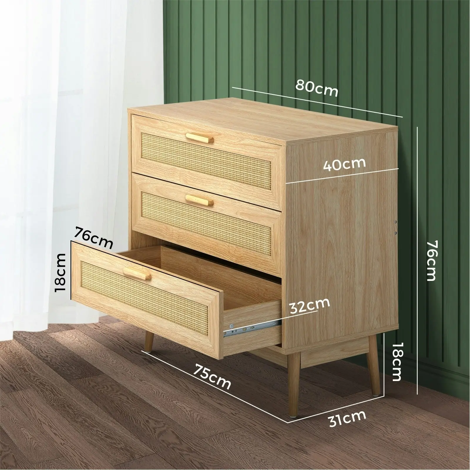 Oikiture 3 Chest of Drawers Rattan Natural