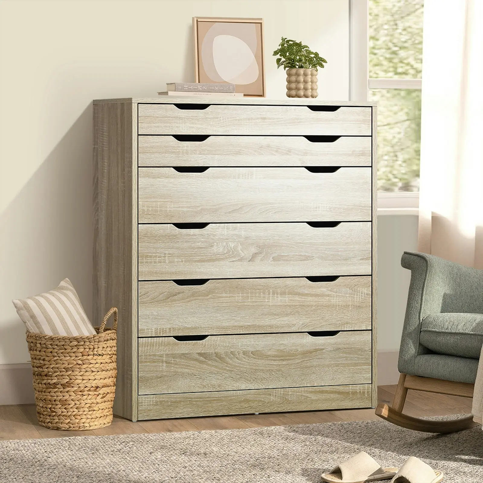 Oikiture 6 Chest of Drawers Tallboy Wooden Natural PMA