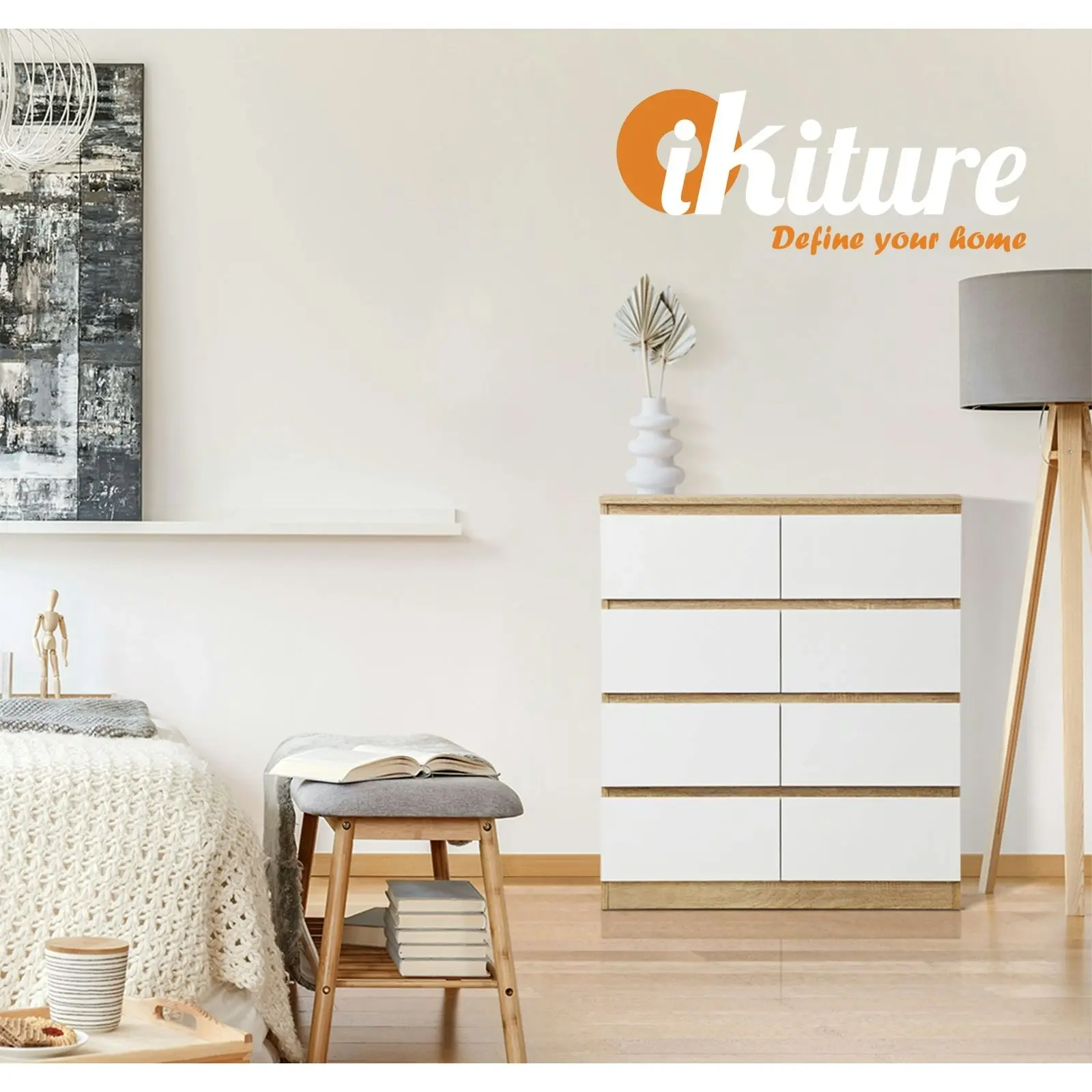 Oikiture 8 Chest of Drawers Tallboy Wooden White PURI