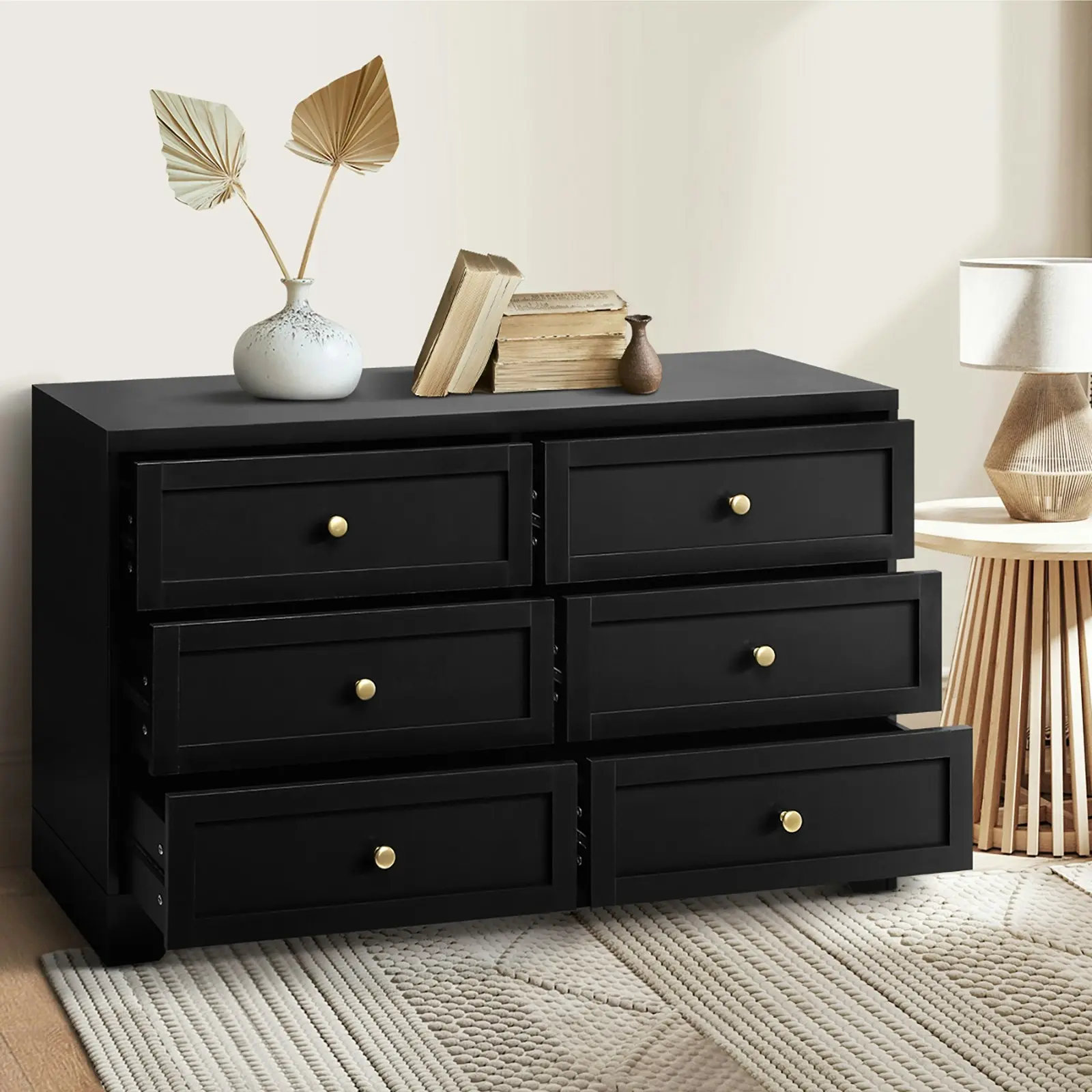 Oikiture 6 Chest of Drawers Tallboy Black Hamptons