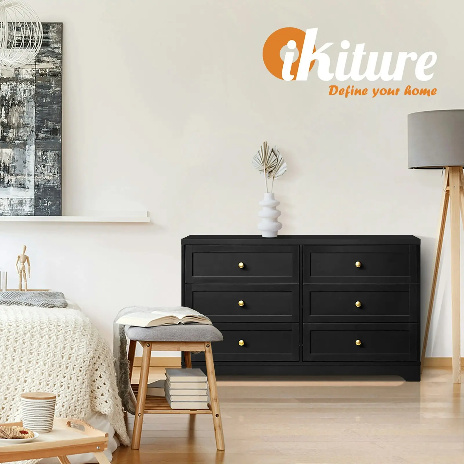 Oikiture 6 Chest of Drawers Tallboy Black Hamptons