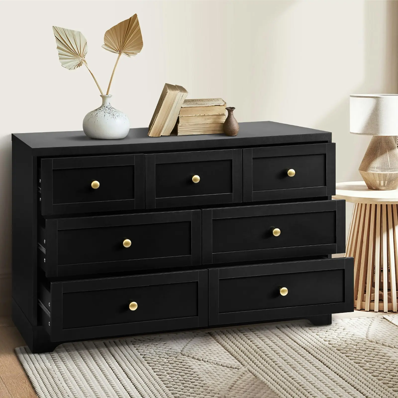 Oikiture 7 Chest of Drawers Tallboy Black Hamptons