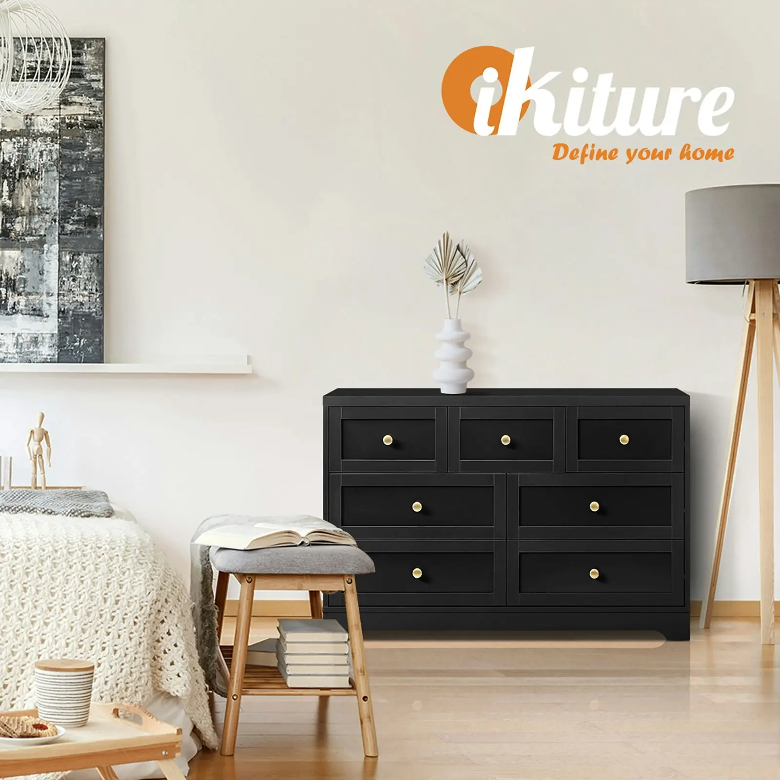 Oikiture 7 Chest of Drawers Tallboy Black Hamptons