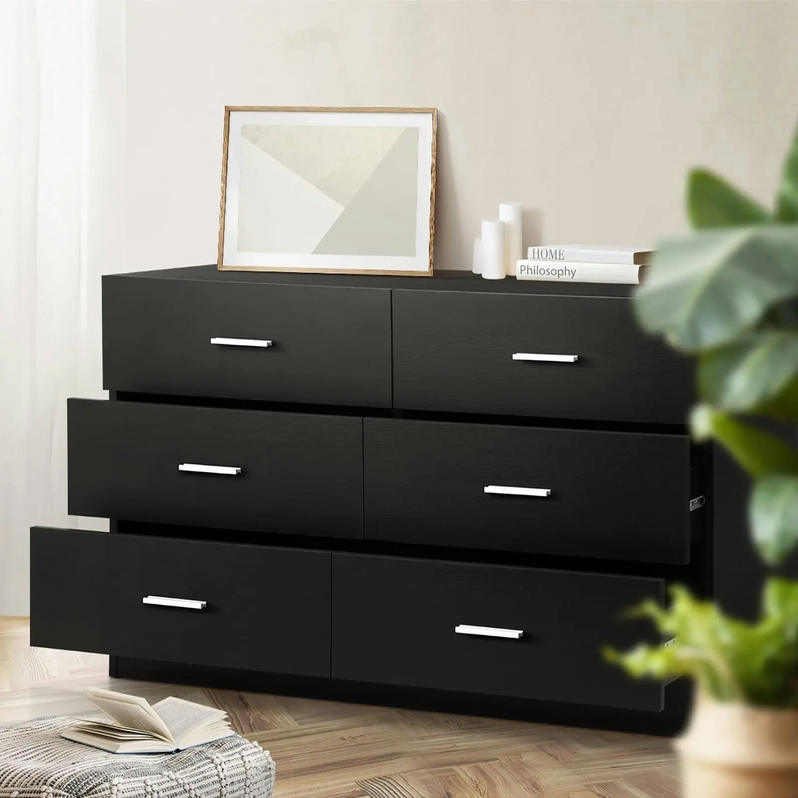 Oikiture 6 Chest of Drawers Tallboy Dresser Table Lowboy Storage Cabinet Black