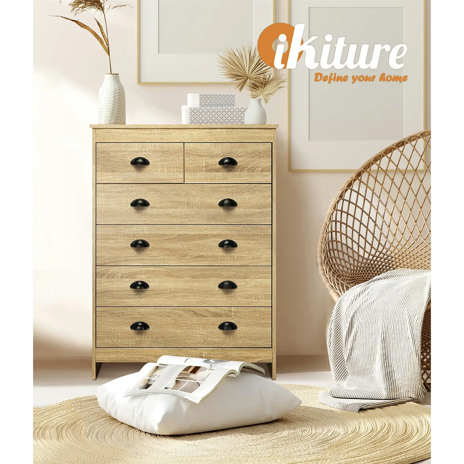 Oikiture Tallboy 6 Chest of Drawers Wooden KUKA