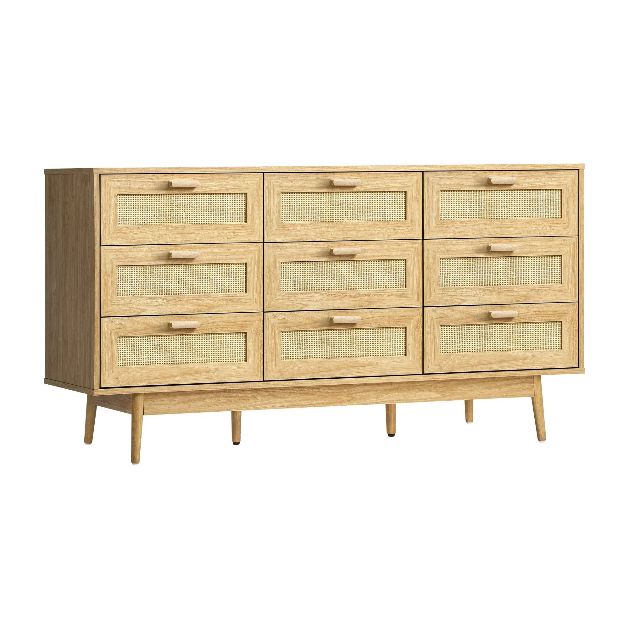 Oikiture 9 Chest of Drawers Dresser Rattan Storage Cabinet Lowboy Bedroom Wooden