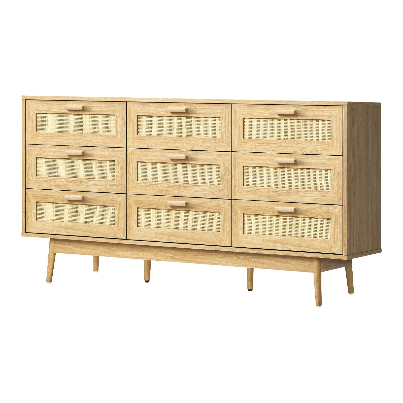 Oikiture 9 Chest of Drawers Dresser Rattan Storage Cabinet Lowboy Bedroom Wooden