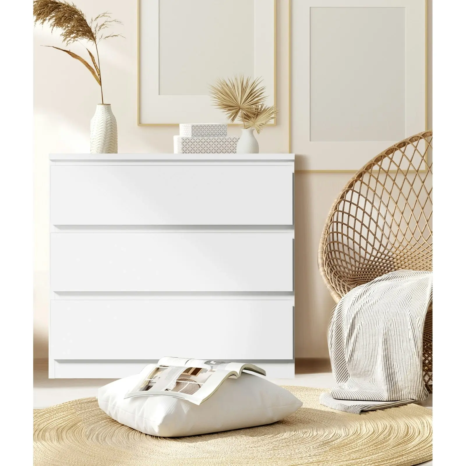 Oikiture 3 Chest of Drawers Lowboy Dresser Table Storage Cabinet Bedroom White