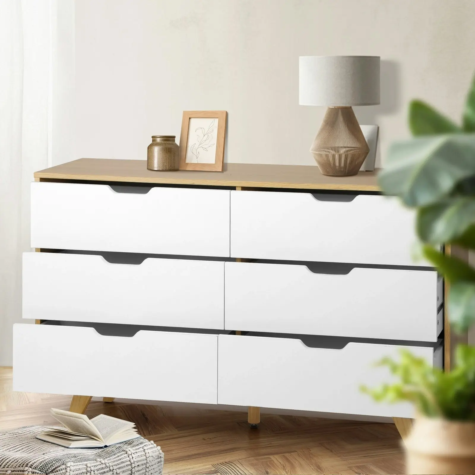 Oikiture 6 Chest of Drawers Lowboy Dresser Storage Cabinet Bedroom Wooden White