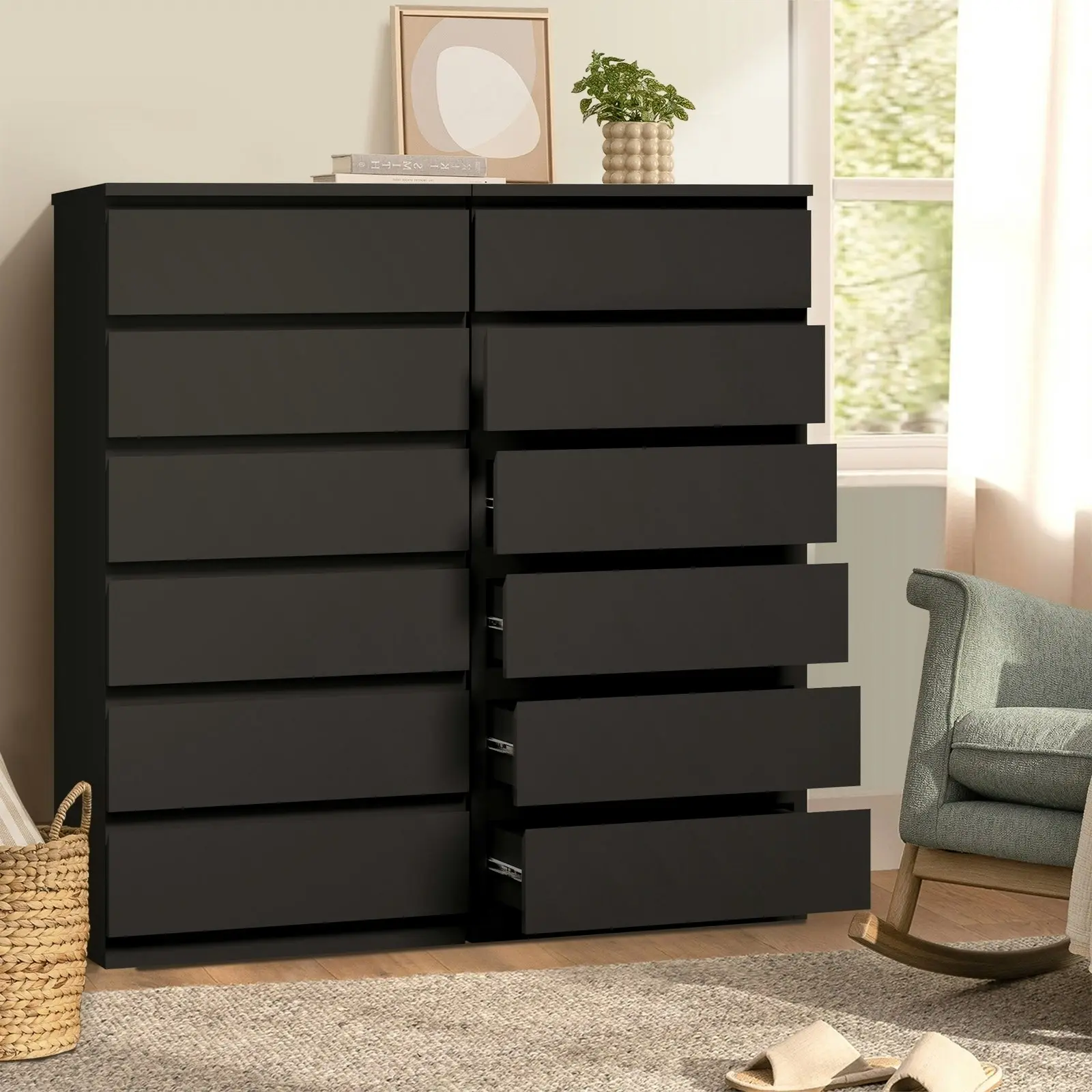 Oikiture 6 Chest of Drawers Tallboy Dresser Table Storage Cabinet Bedroom Black