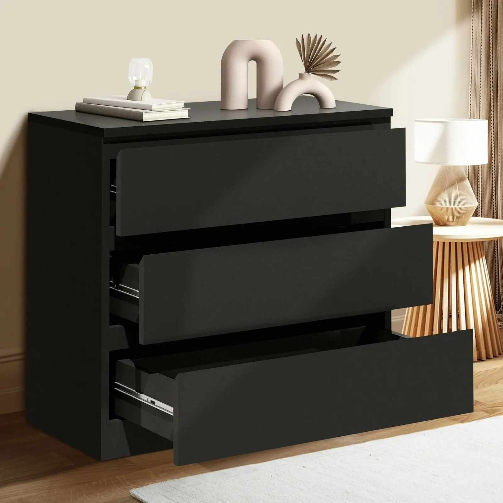 Oikiture 3 Chest of Drawers Lowboy Dresser Table Storage Cabinet Bedroom Black