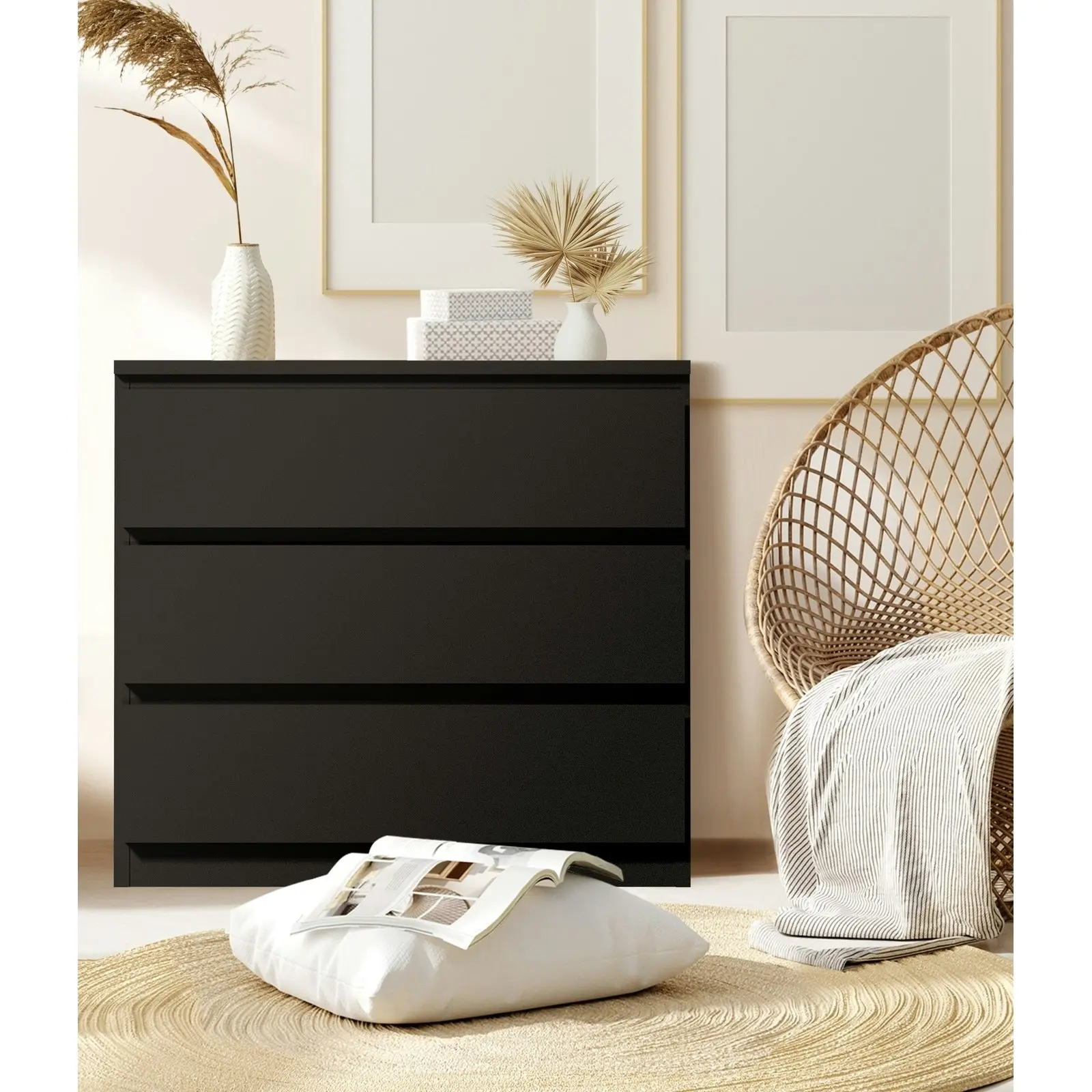 Oikiture 3 Chest of Drawers Lowboy Dresser Table Storage Cabinet Bedroom Black