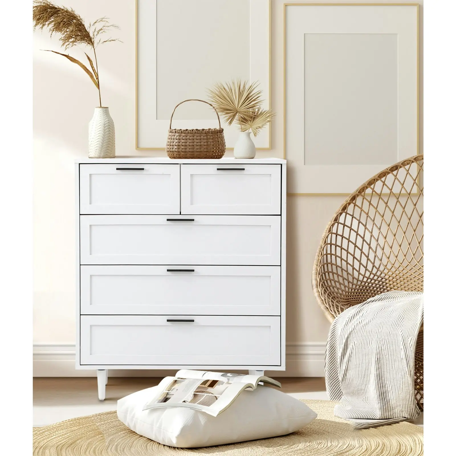 Oikiture 5 Chest of Drawers Dresser Chest Storage Cabinet Tallboy White