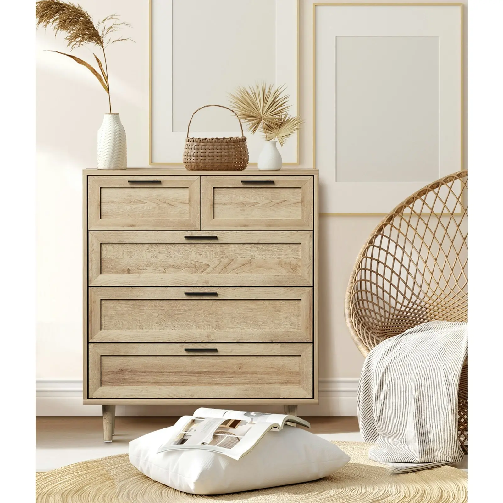 Oikiture 5 Chest of Drawers Dresser Chest Storage Cabinet Tallboy Natural