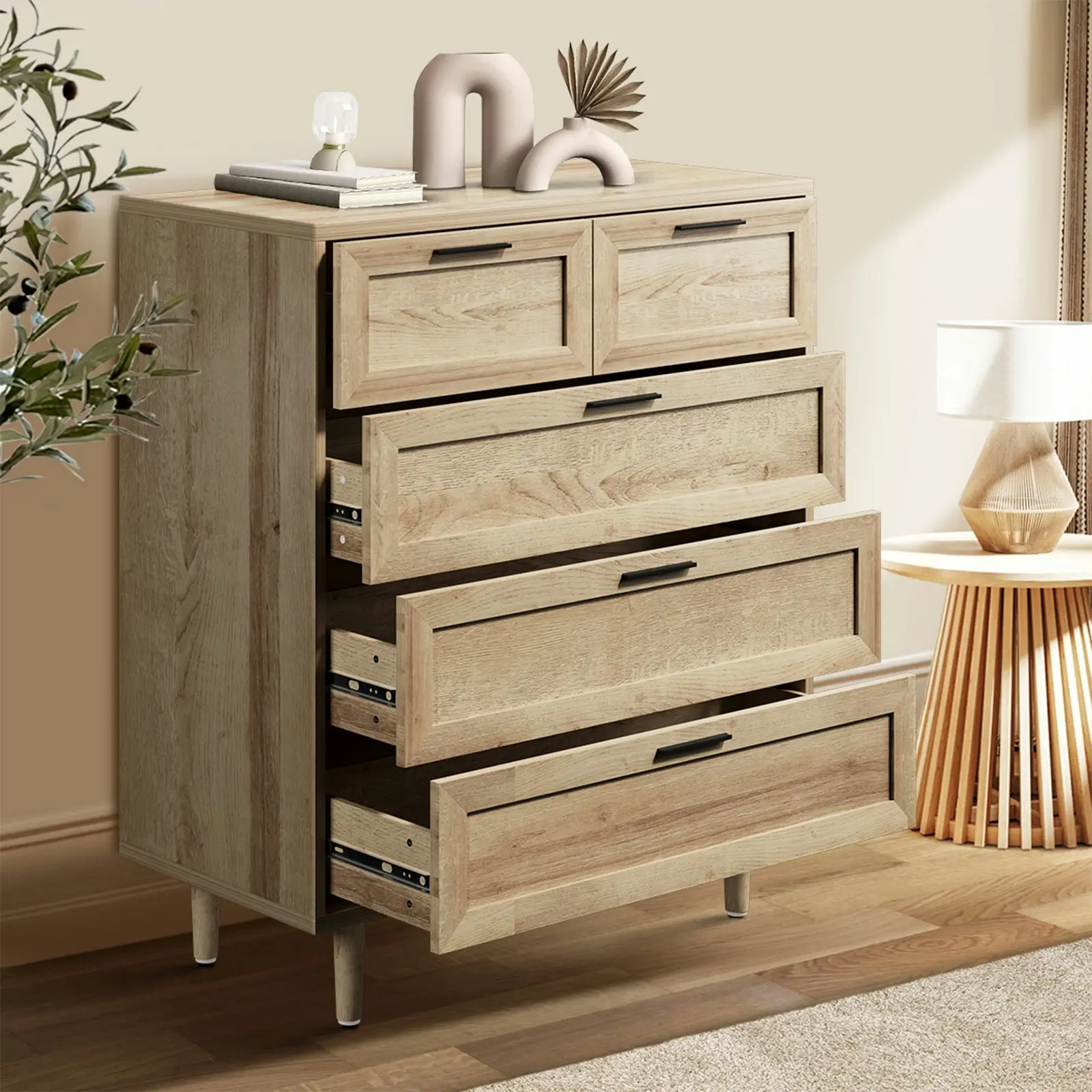 Oikiture 5 Chest of Drawers Dresser Chest Storage Cabinet Tallboy Natural