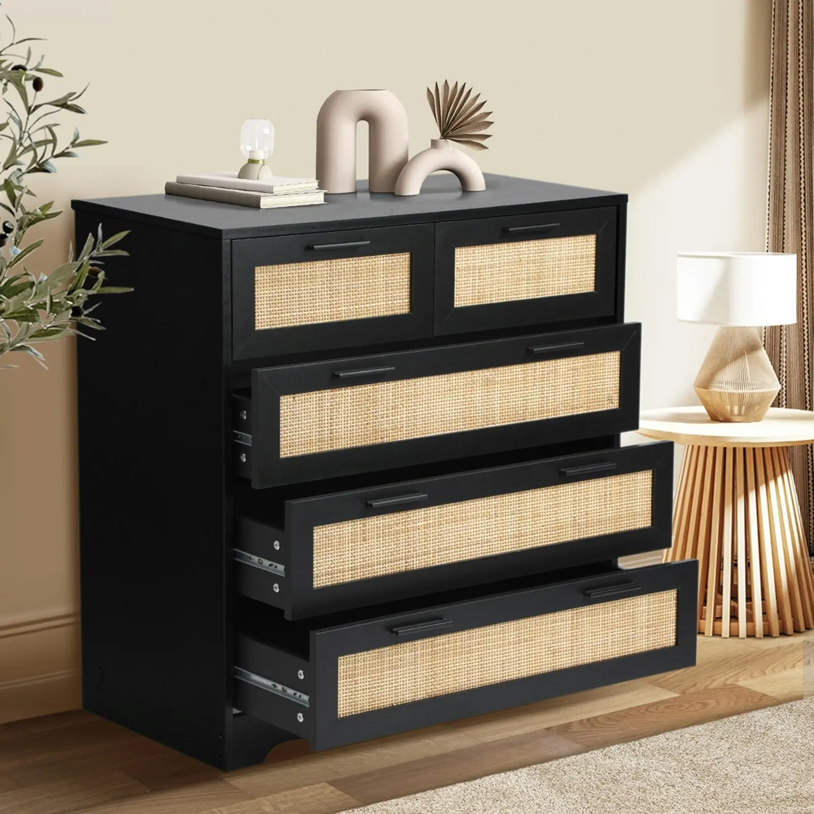 Oikiture 5 Chest of Drawers Dresser Storage Cabinet Tallboy Rattan Black