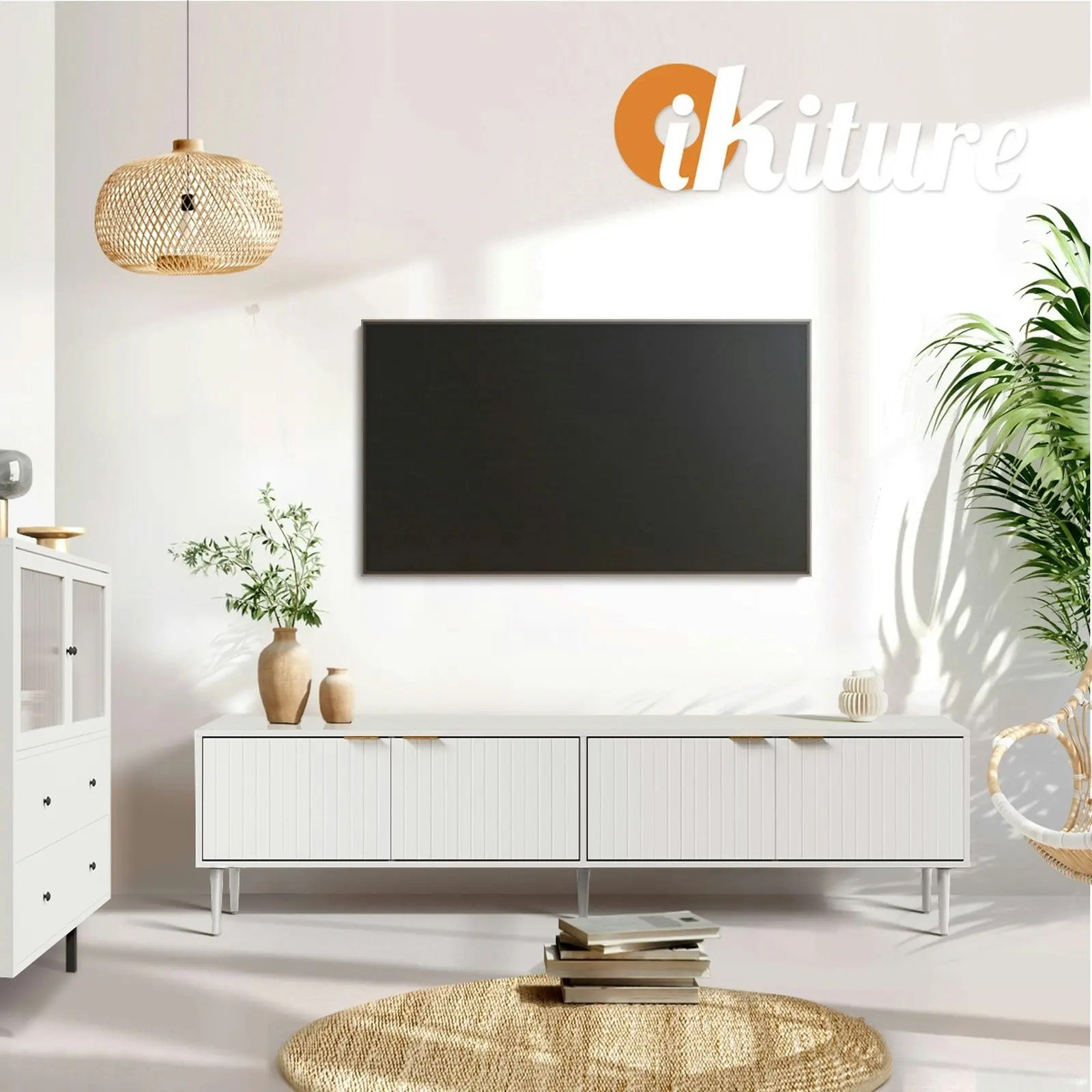 Oikiture TV Cabinet Entertainment Unit Stand Storage Four Door 180cm White