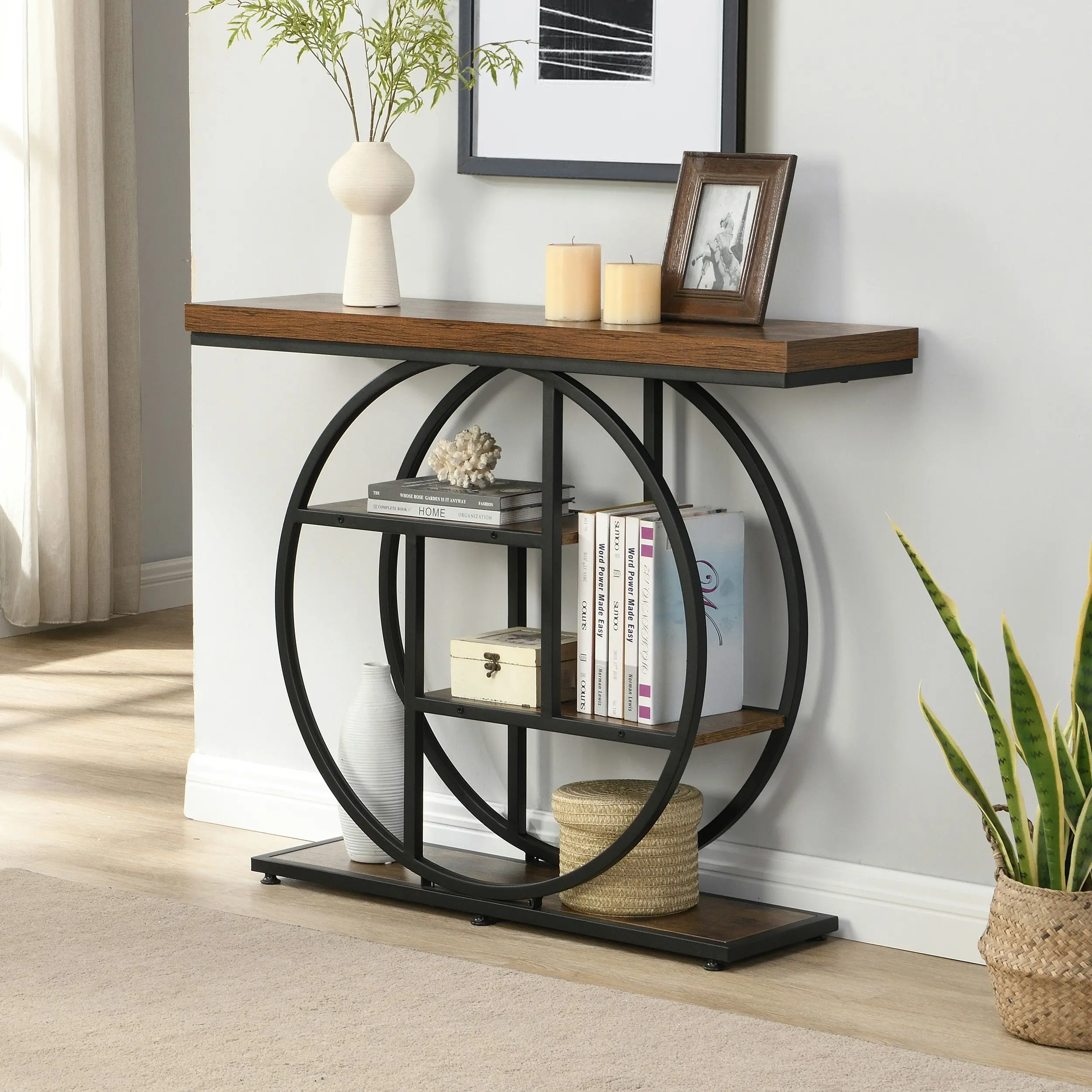 IHOMDEC Industrial 4-Tier MDF and Metal Entryway Console Table with Open Storage Shelf Rustic Dark Brown