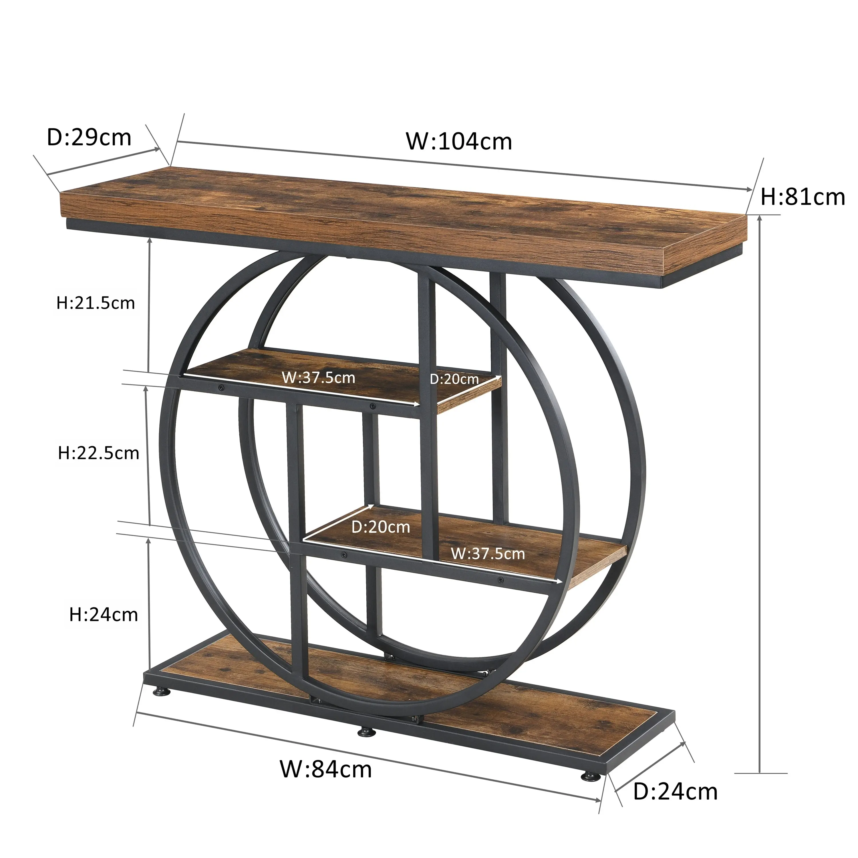 IHOMDEC Industrial 4-Tier MDF and Metal Entryway Console Table with Open Storage Shelf Rustic Dark Brown