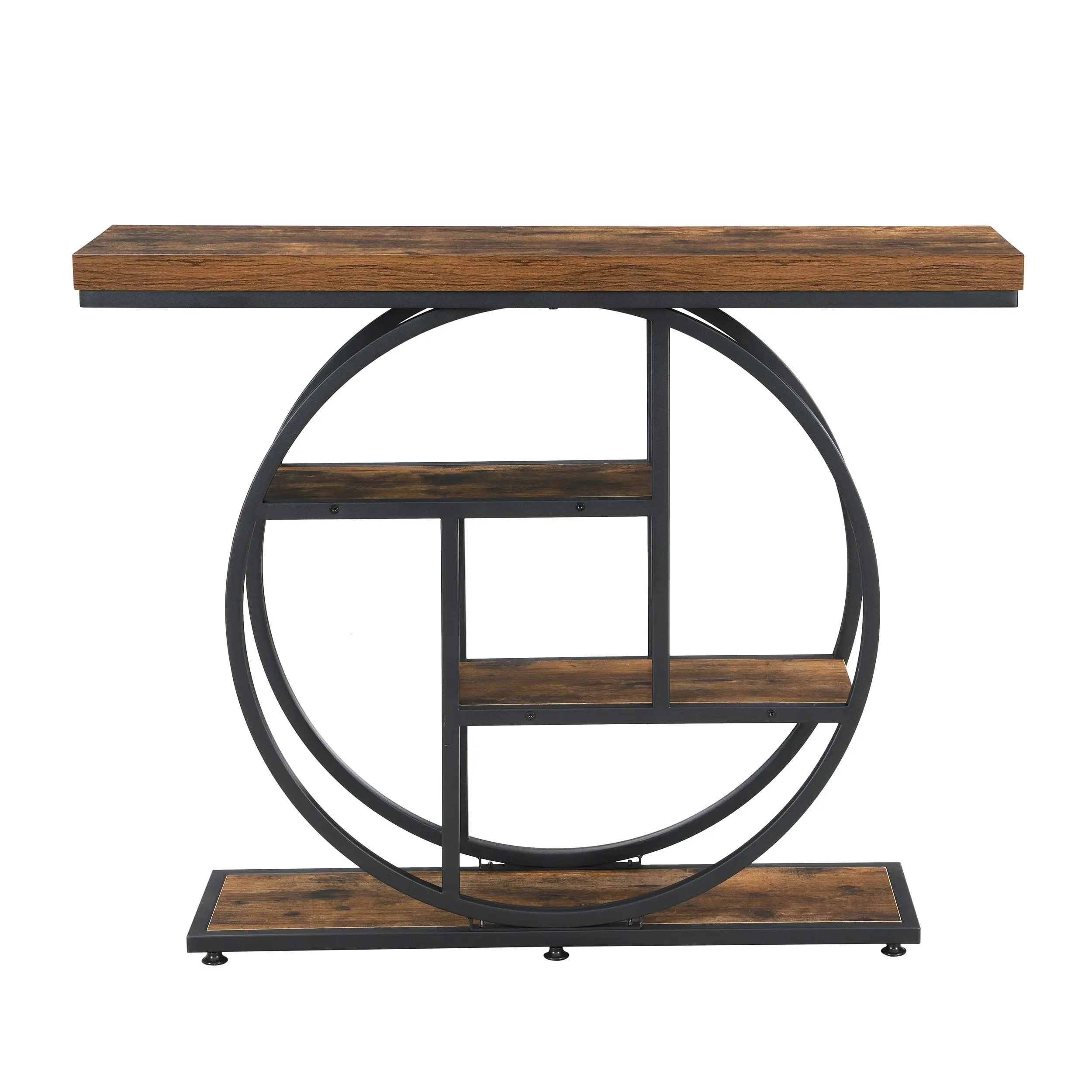 IHOMDEC Industrial 4-Tier MDF and Metal Entryway Console Table with Open Storage Shelf Rustic Dark Brown