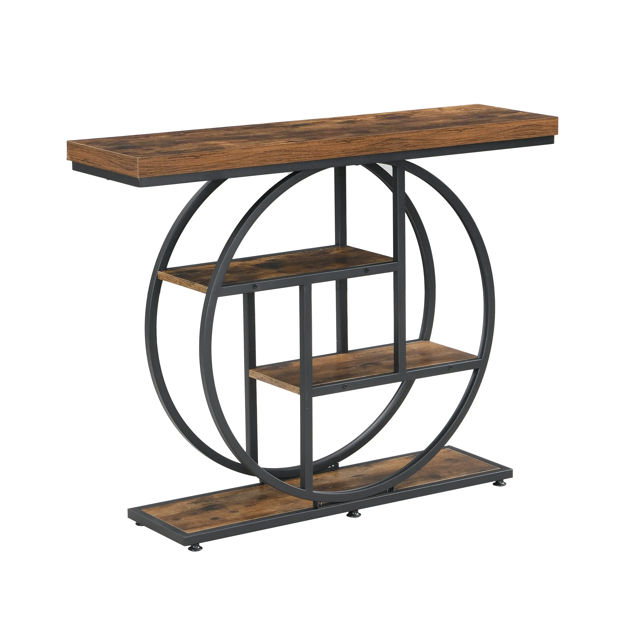 IHOMDEC Industrial 4-Tier MDF and Metal Entryway Console Table with Open Storage Shelf Rustic Dark Brown