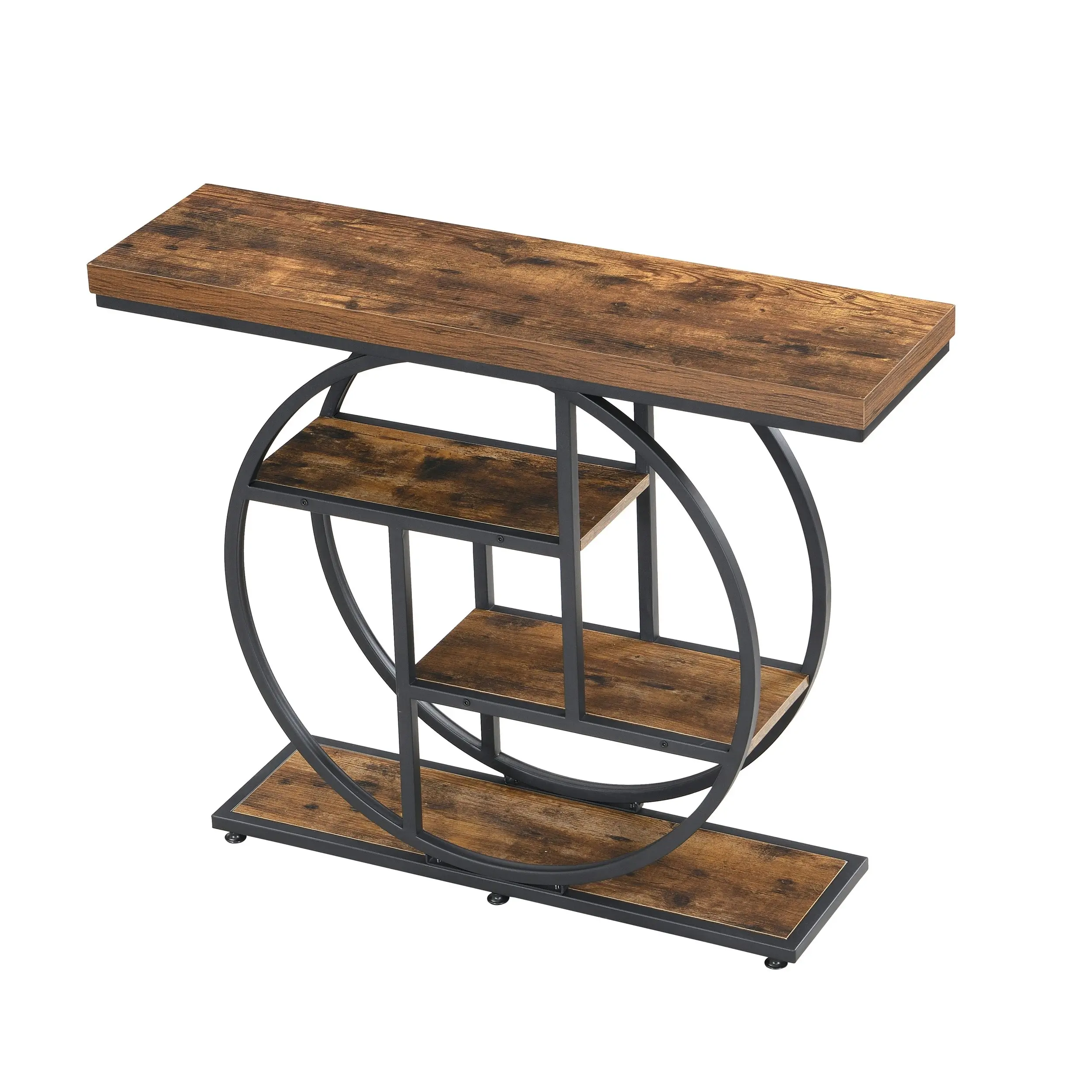 IHOMDEC Industrial 4-Tier MDF and Metal Entryway Console Table with Open Storage Shelf Rustic Dark Brown