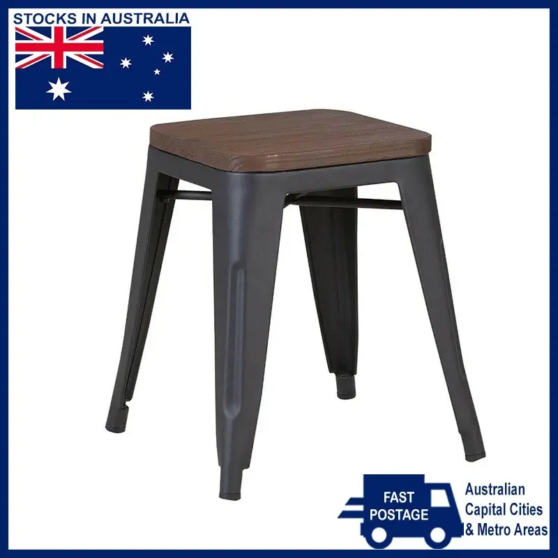 Cafe Pro  Replica 45cm Dining Stool Kitchen Metal Wood Chair Seat Stools, Timber Seat