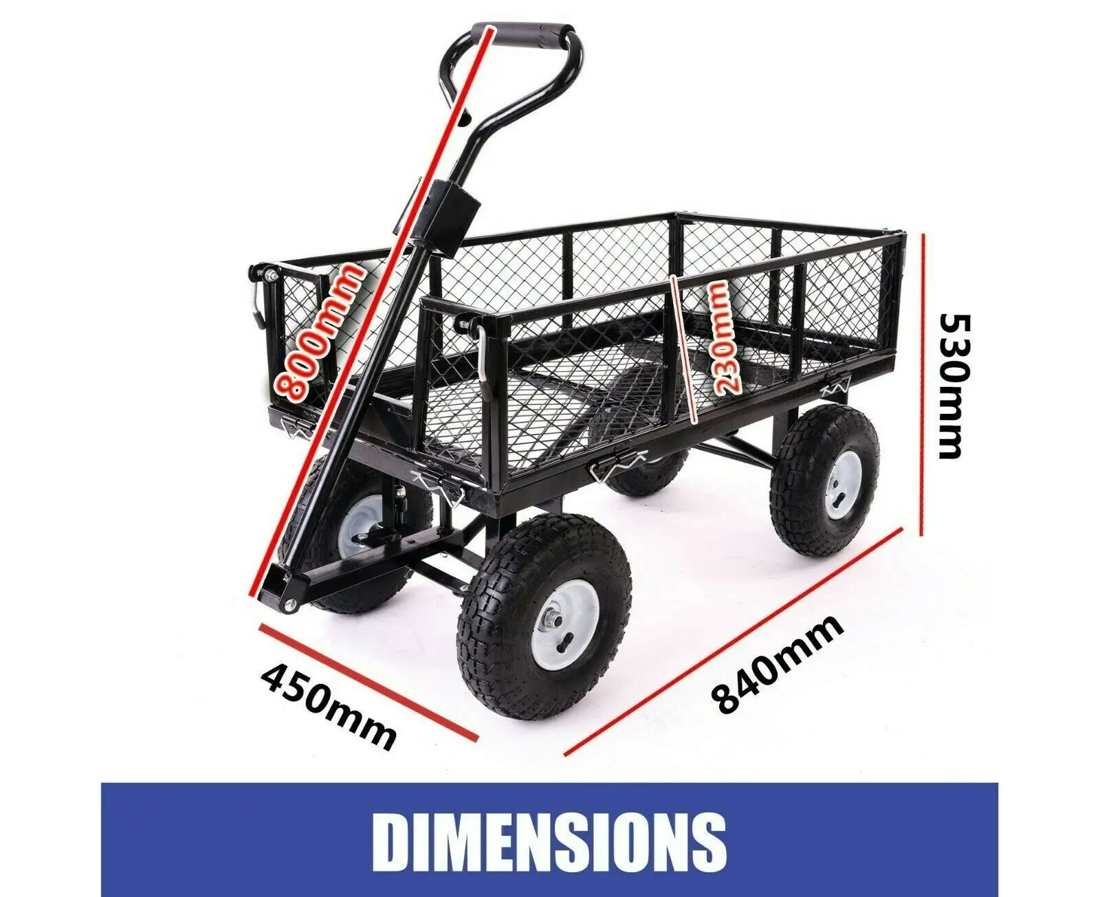 Garden Dump Rolling Mesh Cart with Heavy Duty Steel Frame,10 Inch Pneumatic Tires Maximum Load Capacity of 300 Kg (Black), Garden Trolley Cart