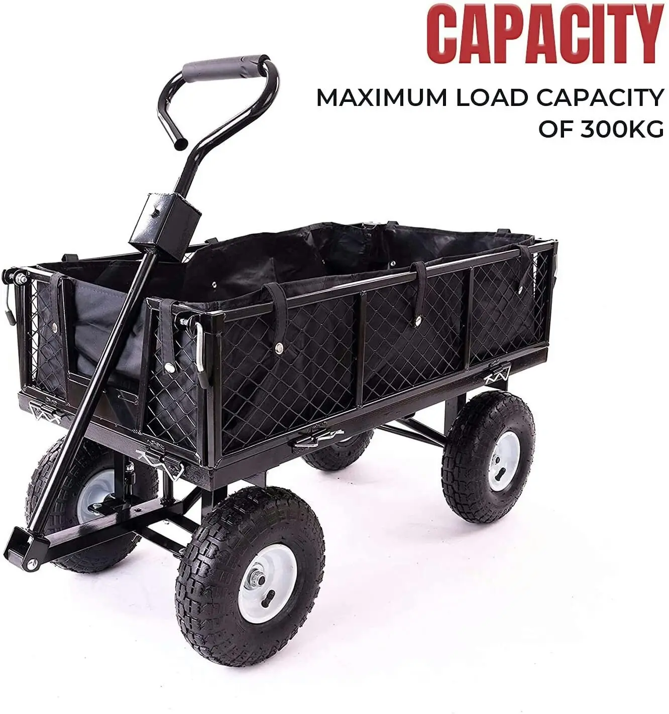 Garden Dump Rolling Mesh Cart with Heavy Duty Steel Frame,10 Inch Pneumatic Tires Maximum Load Capacity of 300 Kg (Black), Garden Trolley Cart