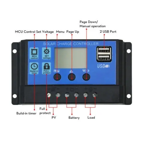 Directly2U Solar charger Controller 12v/24v PWM Battery, Auto Solar Panel Intelligent Regulator with Dual USB Port LCD Display for Lead Acid Batteries