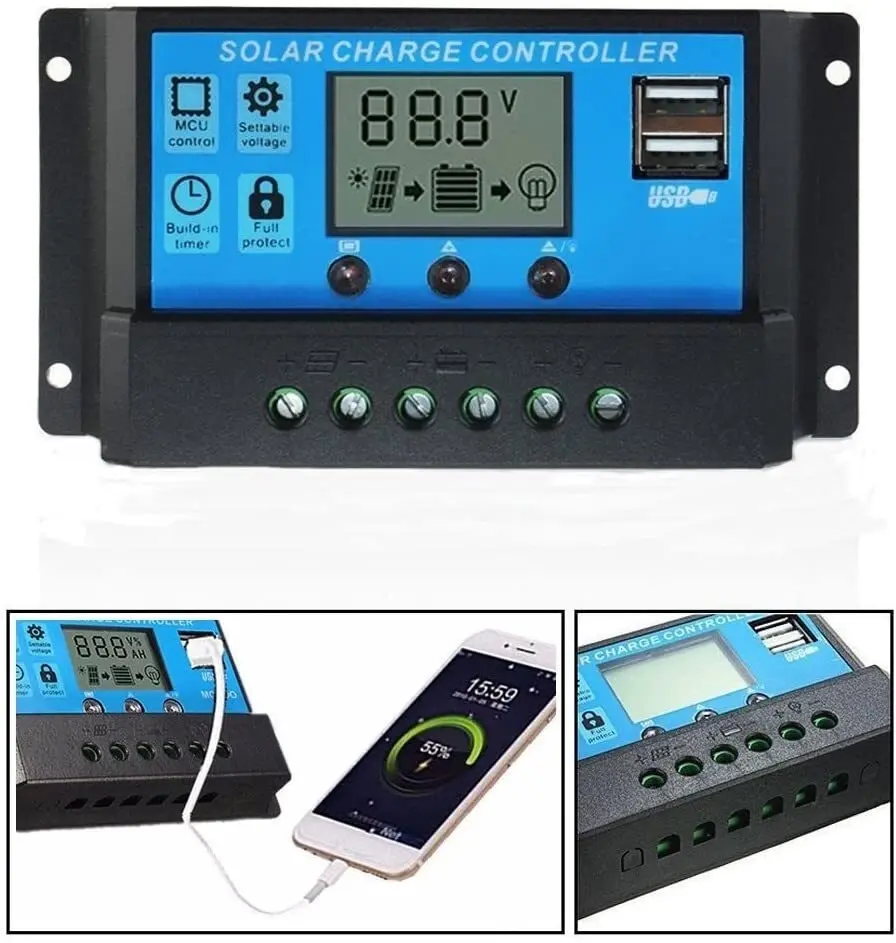 Directly2U Solar charger Controller 12v/24v PWM Battery, Auto Solar Panel Intelligent Regulator with Dual USB Port LCD Display for Lead Acid Batteries