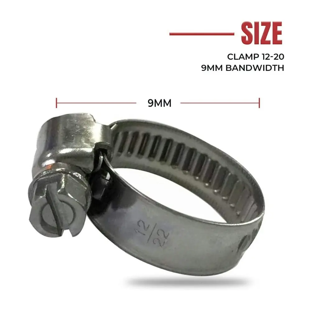 Hose Clamps made up of 410 Stainless Steel with 9mm Bandwidth(12-20), (16-25), (20-32), (30-45) (40-60)- for Industrial, Pipe Clamp