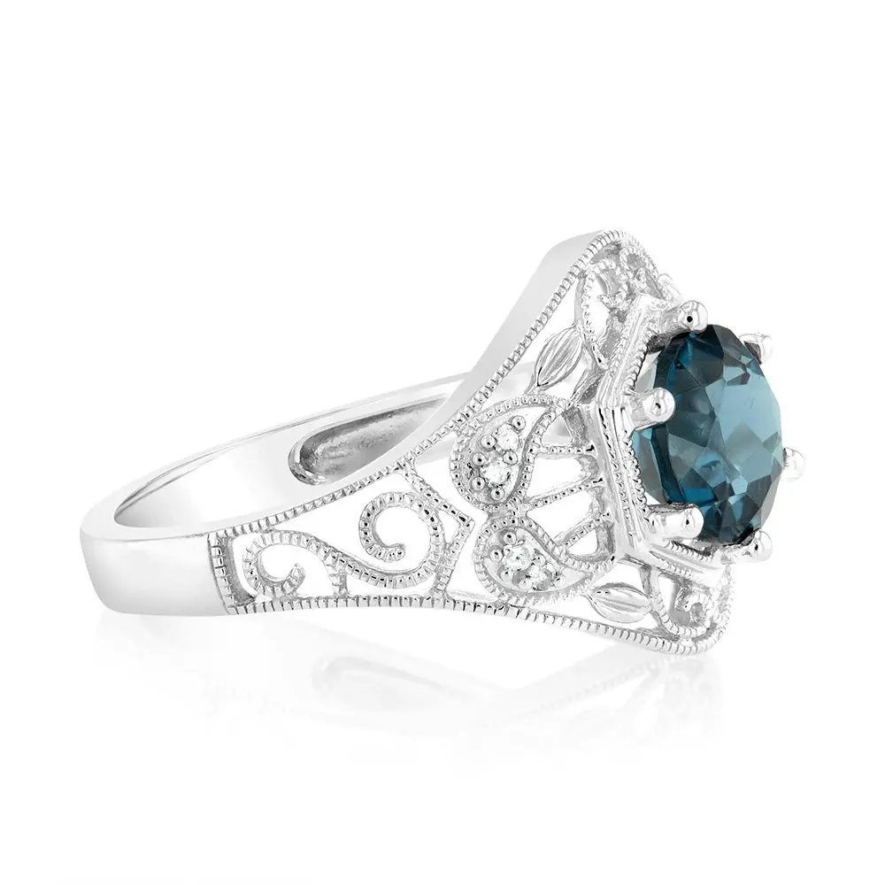 1.5Ct London Blue Topaz Ring with 8 Diamonds in Sterling Silver