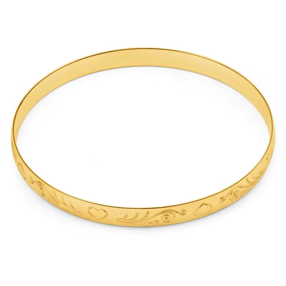 9ct Yellow SOLID Gold Engraved Heart Pattern Bangle