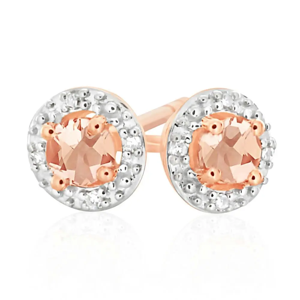 9ct Rose Gold 3mm Morganite and Diamond Halo Stud Earrings