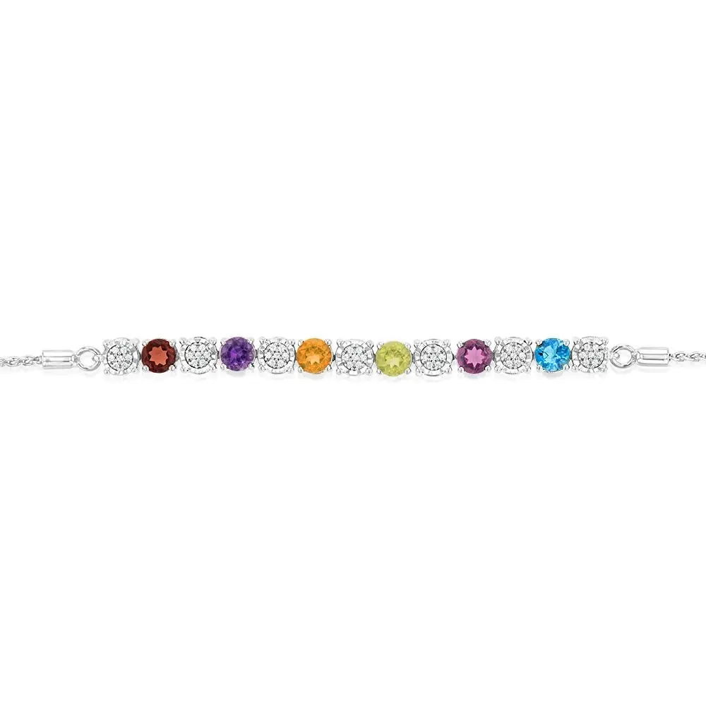 1.86Ct Mix Color Stone(Garnet, Amethyst, Citrine, Peridot, Rhodolite, London Blue Topaz) & 49 Diamond Bracelet in Sterling Silver