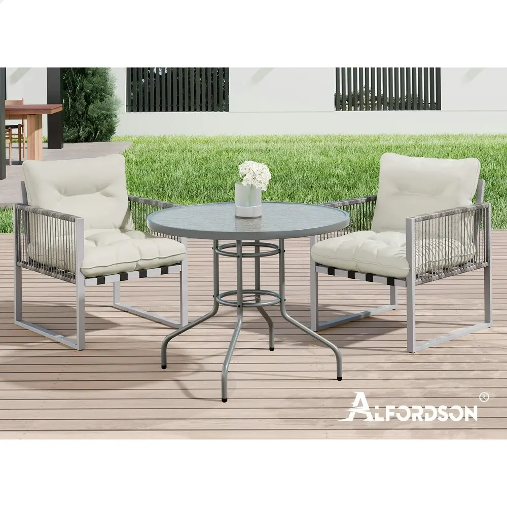 Alfordson Outdoor Glass Dining Table Lounge Chairs Patio Furniture Round Wicker