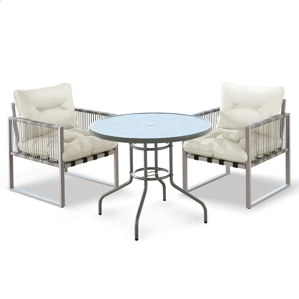 Alfordson Outdoor Glass Dining Table Lounge Chairs Patio Furniture Round Wicker