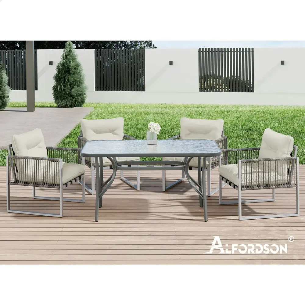 Alfordson Outdoor Dining Set Patio Furniture Glass Table Lounge Chairs Armchair