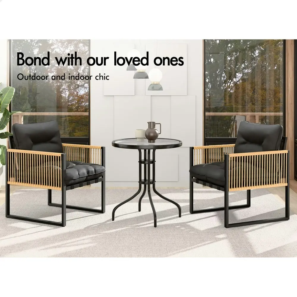 Alfordson Outdoor Furniture Set Patio Side Table Lounge Chair Glass Wicker Black