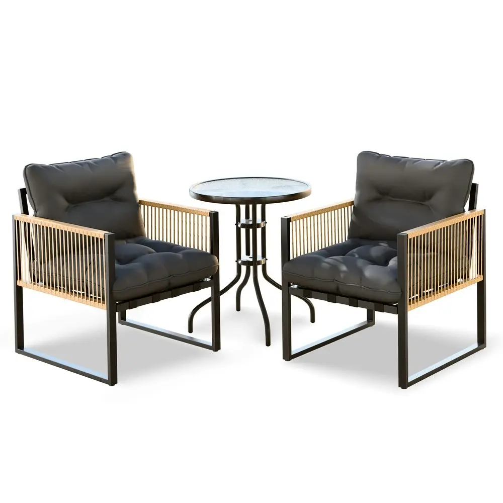 Alfordson Outdoor Furniture Set Patio Side Table Lounge Chair Glass Wicker Black