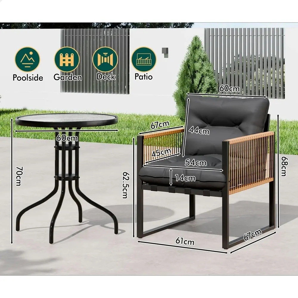 Alfordson Outdoor Furniture Set Patio Side Table Lounge Chair Glass Wicker Black