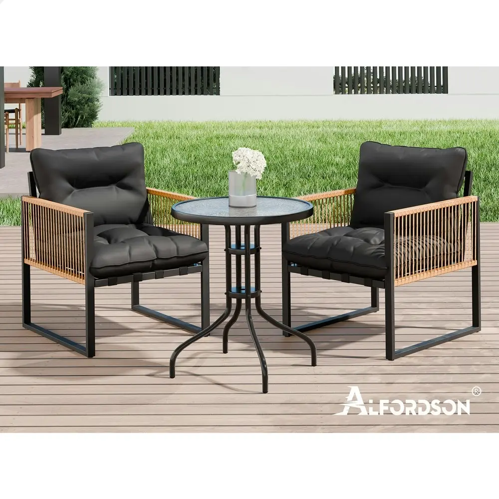 Alfordson Outdoor Furniture Set Patio Side Table Lounge Chair Glass Wicker Black