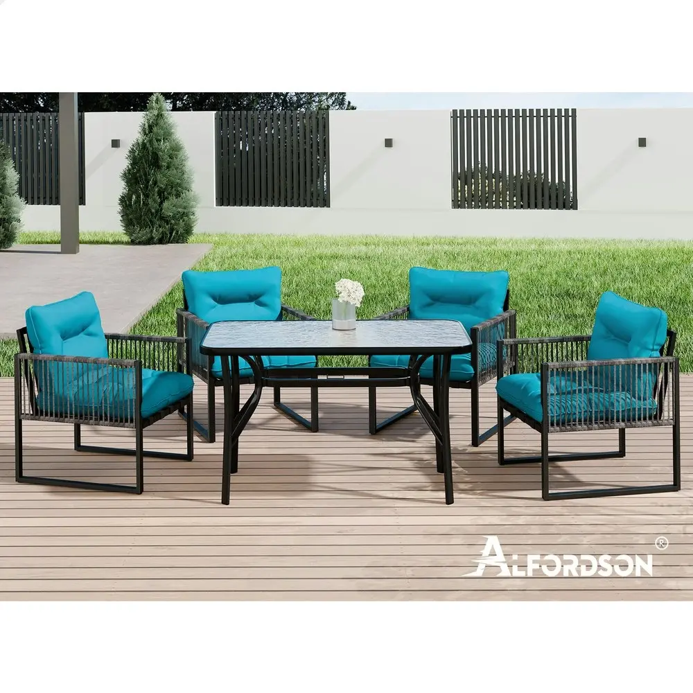 Alfordson Outdoor Dining Set Glass Table Lounge Chairs Patio Furniture Wicker