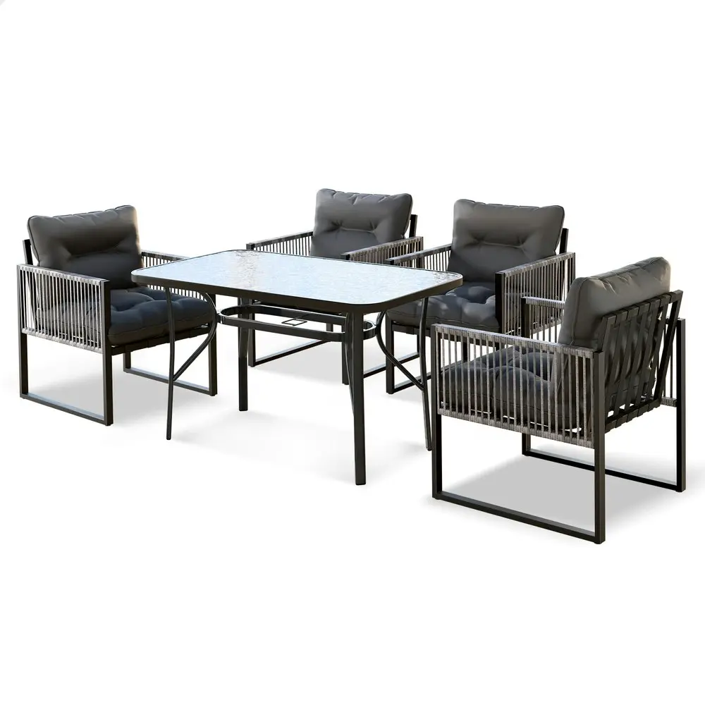 Alfordson Outdoor Dining Table Lounge Chairs Set Glass Patio Furniture Wicker