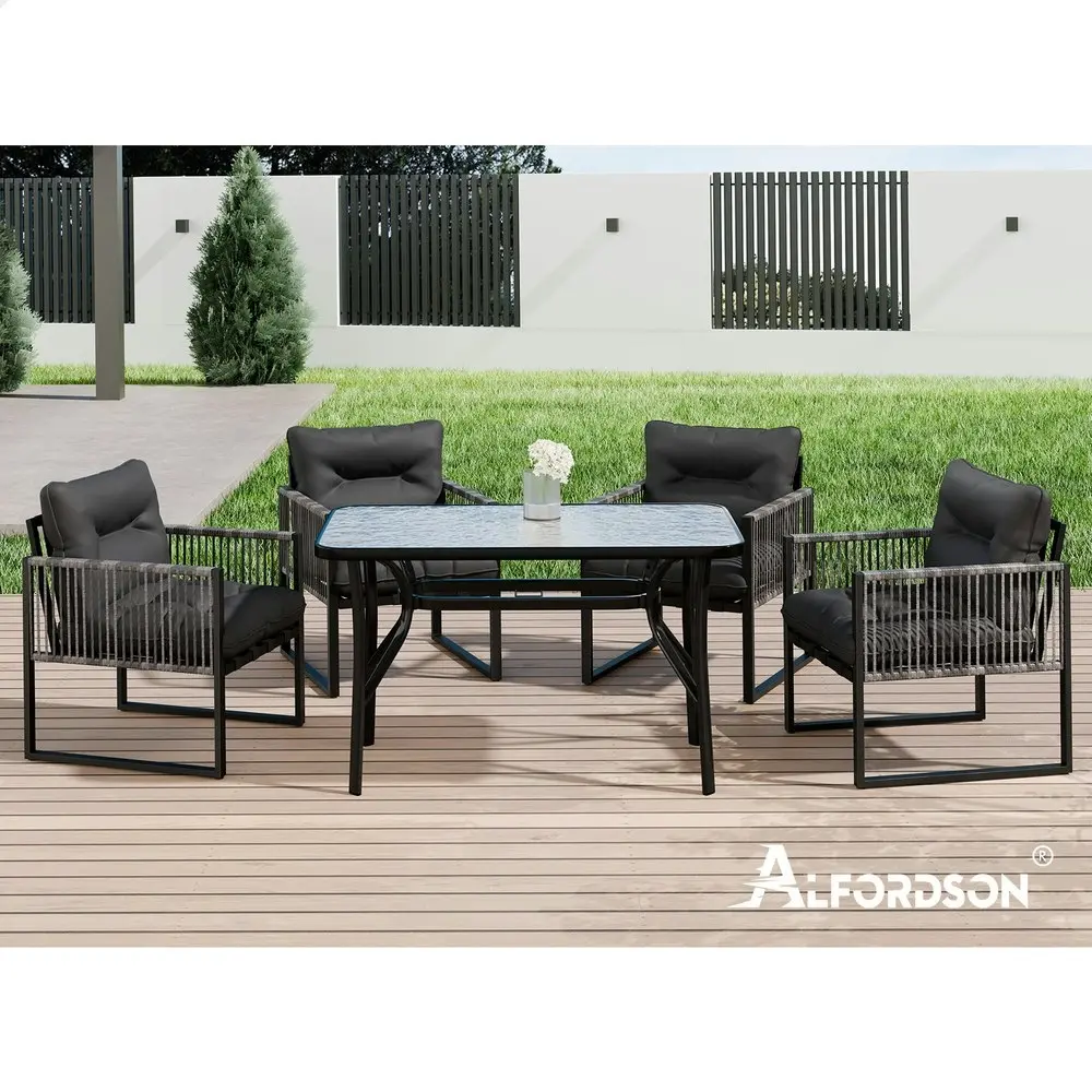 Alfordson Outdoor Dining Table Lounge Chairs Set Glass Patio Furniture Wicker