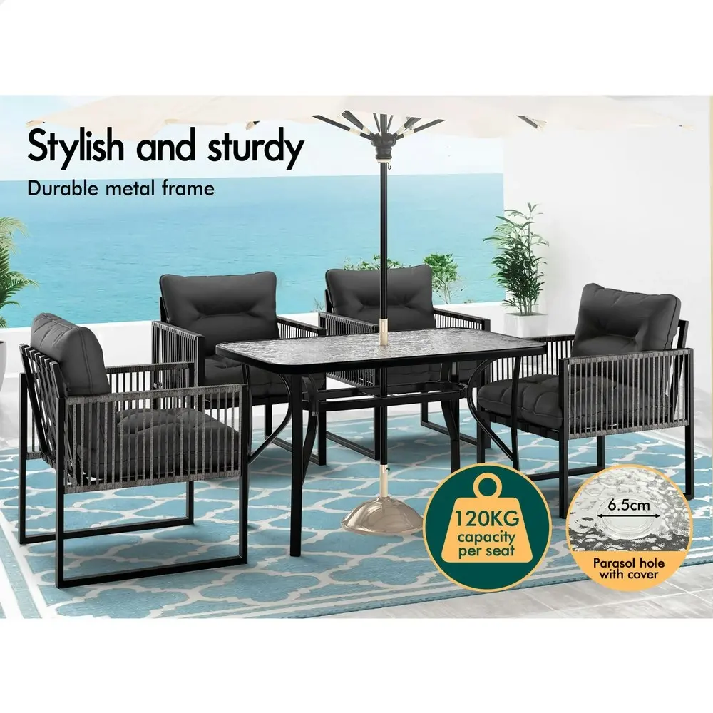 Alfordson Outdoor Dining Table Lounge Chairs Set Glass Patio Furniture Wicker