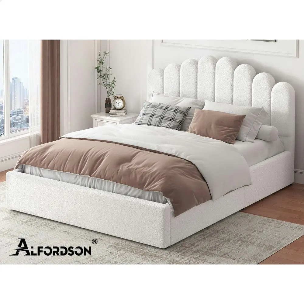 Alfordson Bed Frame Queen Size Gas Lift Storage Base Wooden Boucle MILTON